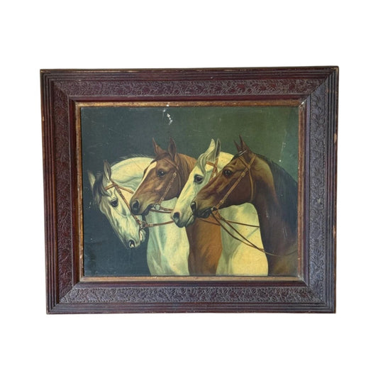 Vintage Horse Print in Carved Timber Frame