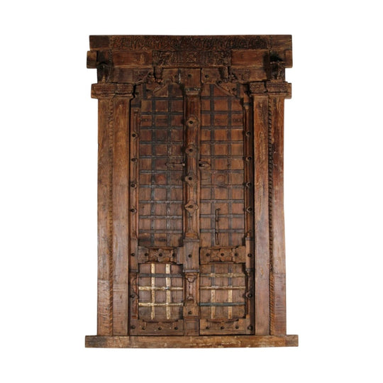 Vintage Indian Grand Door – Hand-Carved, Wrought Iron Detailing, Natural Brown – Eco Village Collection