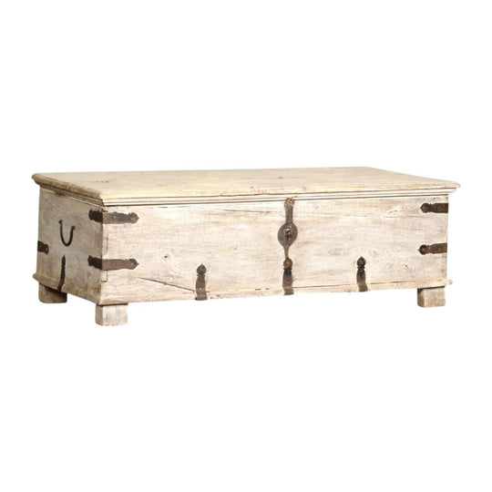 Vintage Indian Storage Trunk Coffee Table – Eco Village Collection, Sand-Toned Timber with Rustic Metal Detailing