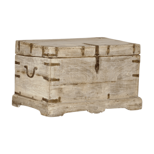 Vintage Indian Storage Trunk Coffee Table in Sand-Tone Timber with Metal Detailing – Eco Village Collection