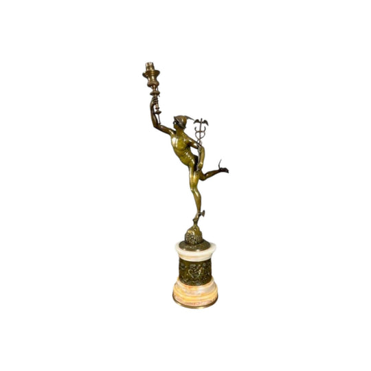 Vintage Italian cast Bronze Figure of Mercury holding a Lamp on a cylindrical base.
