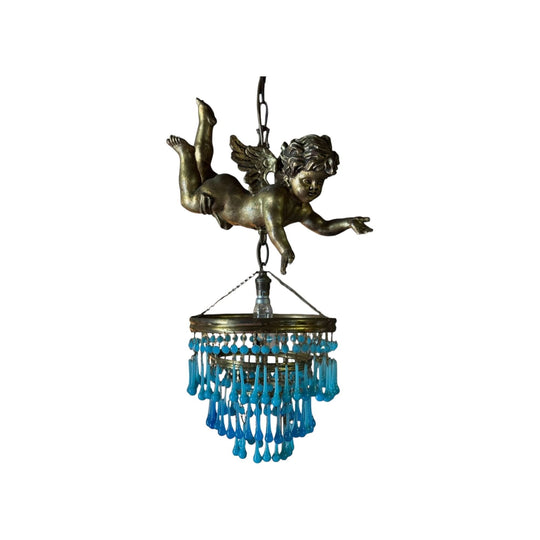 Vintage Italian Cherub Pendant with Blue Drop Glass Chandelier