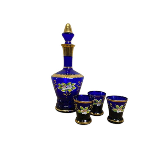 Vintage Japanese Hand-Painted Cobalt Blue Decanter & 3 Glasses