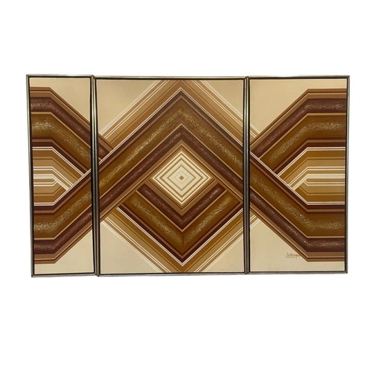1970s Letterman Signed Triptych – Geometric Chevron Silkscreen on Canvas, Wood Frames with Gilt Trim (Set of 3)