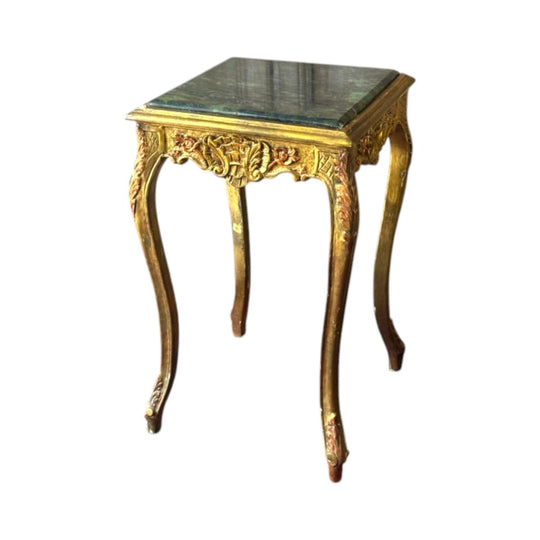 Vintage Louis XV Style Giltwood Side Table with Green Marble Top