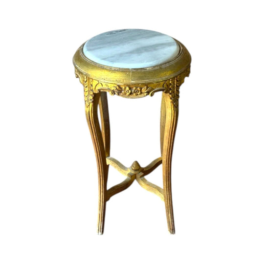 Vintage Louis XV Style Giltwood Side Table with White Marble Top
