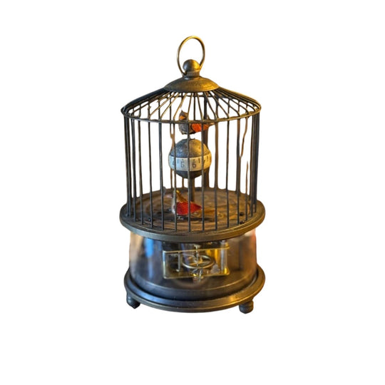 Vintage Mechanical Birdcage Automaton Clock with Rotating Sphere Dial and Flocked Birds