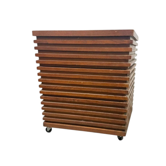 Vintage Mid-Century Modern Side Table - Slatted Wood 3-Drawer Rolling Storage