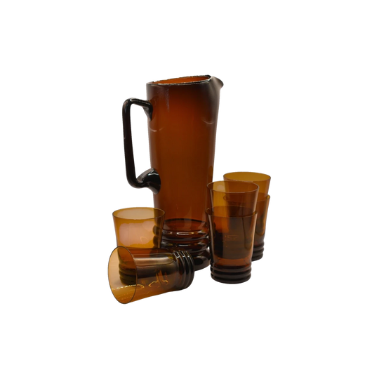 Vintage Mid-Century Polish Amber Glass Cocktail set - Pitcher & 6 Tumbers