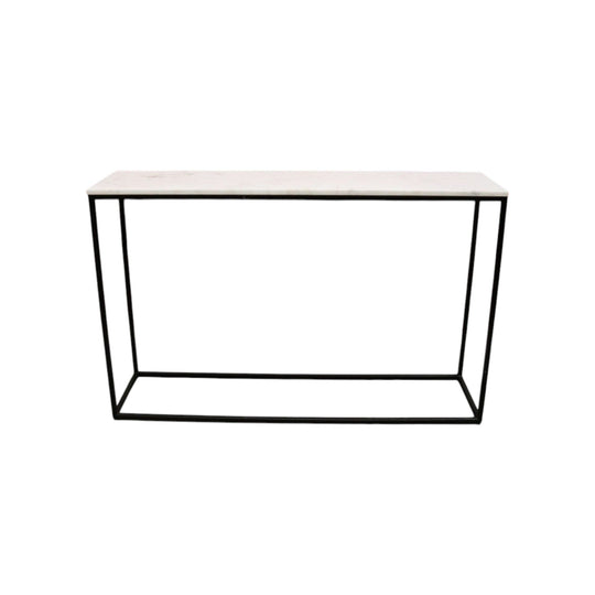 Vintage Modern Black Hand-Forged Metal Hall Console Table with White Marble Top. B12601