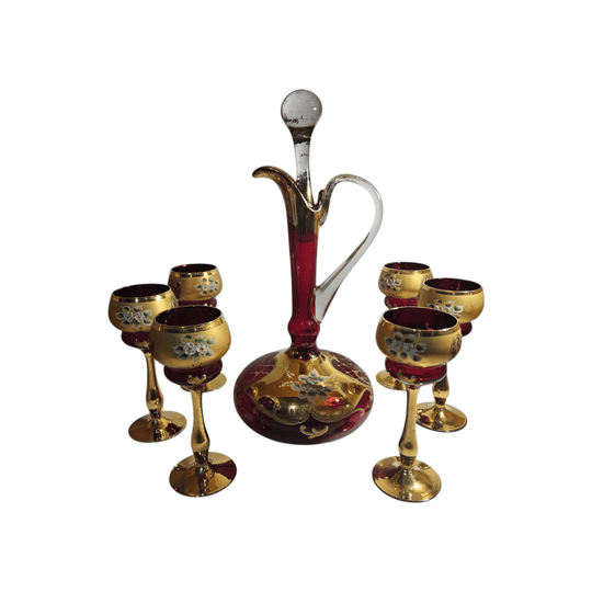 Vintage Murano "Tre Fuochi" Salvadori 24 ct Gold decanter with 6 tall glasses