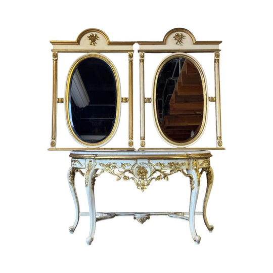 Vintage Near Pair of Louis XVI Style Painted and Gilt Overmantel Mirrors in Antique Ivory, Oval Plates with Carved Grape Pediment