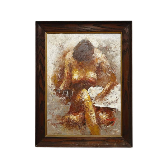 Vintage Oil Painting of a Nude Figure with Guitar