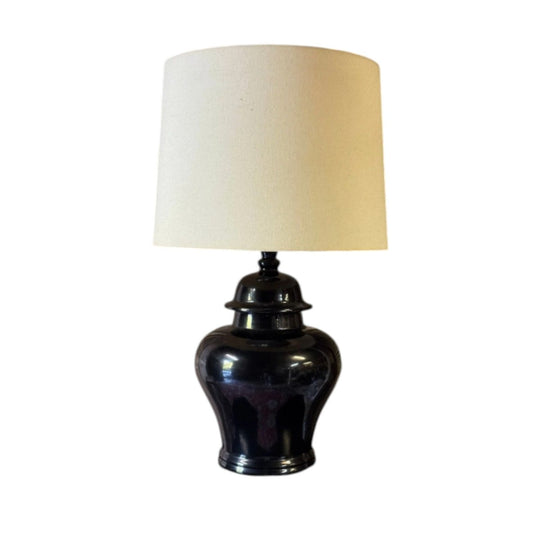 Vintage Oversized Black Ginger Jar Table Lamp with Linen Drum Shade
