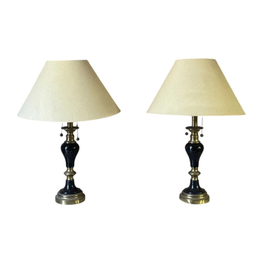 Vintage Pair of Brass & Black Marble Oversized Table Lamps