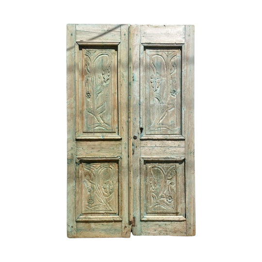 Vintage Pair Of Carved Baltic Pine Egyptian French Doors