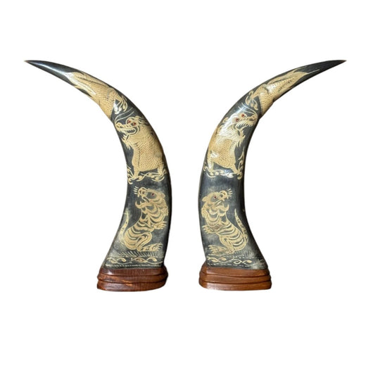 Vintage Pair of Carved Buffalo Horns Mounted on Timber Bases