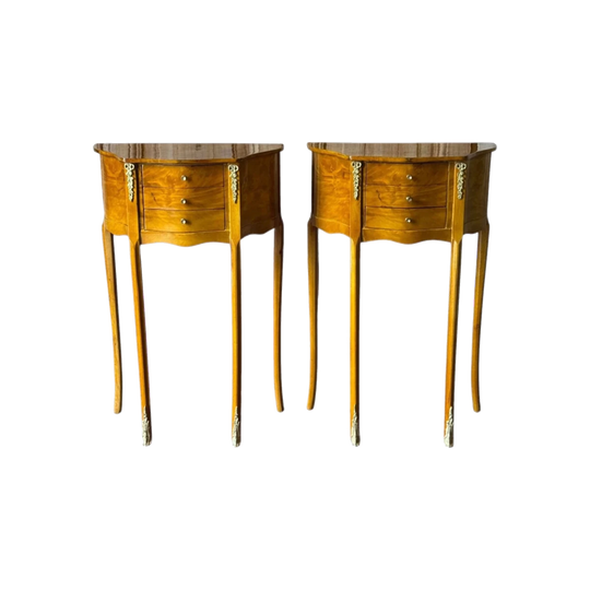 Vintage Pair of French Louis XV Style Burl Bedside Tables