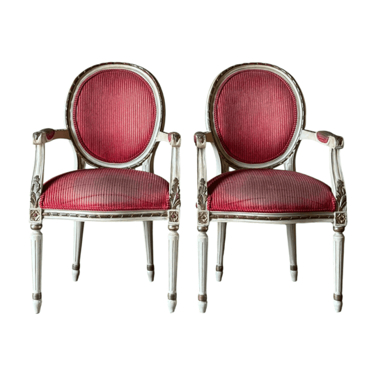 Vintage Pair of French Louis XVI Painted Fauteuils with Red & Gold Upholstery