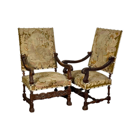 Vintage Pair of French Walnut Louis XIV style Arm Chairs.