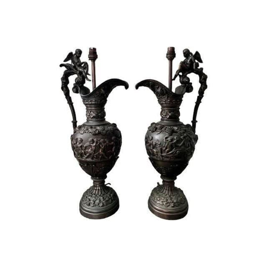 Vintage Pair of Italian heavy Cast Bronze Ewer Lamps.