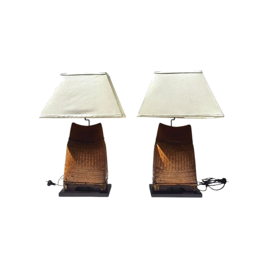 Vintage Pair of Woven Cane Table Lamps
