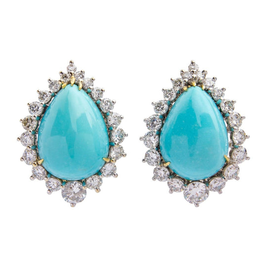 Vintage Persian Turquoise & Diamond Ear Clips