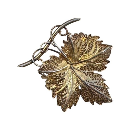Vintage Portuguese Silver Gilt Filigree Leaf Brooch