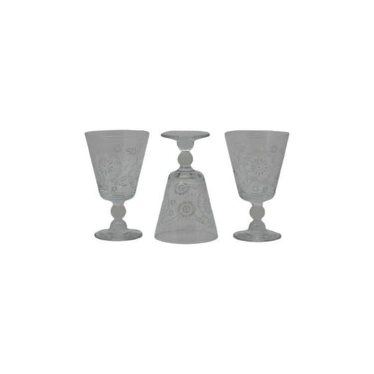 Vintage Pretty White Painted/Stenciled floral design. Short frosted ball stemmed wine glass/water goblet. Set of 3