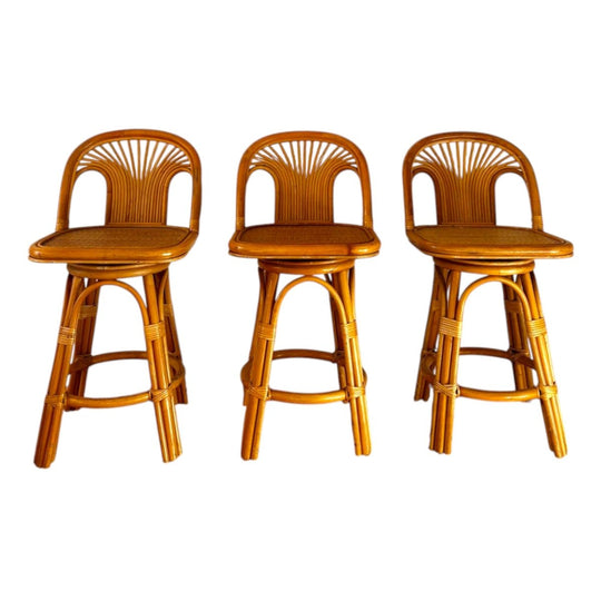 Vintage Rattan Cane Swivel Chairs, Set of 3 – Fan/Sunburst Backrests, in the Style of Gabriella Crespi