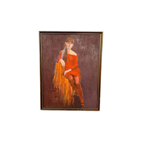 Vintage RED ENSEMBLE woman portrait painting signed FREDERIC BATES framed 1970's
