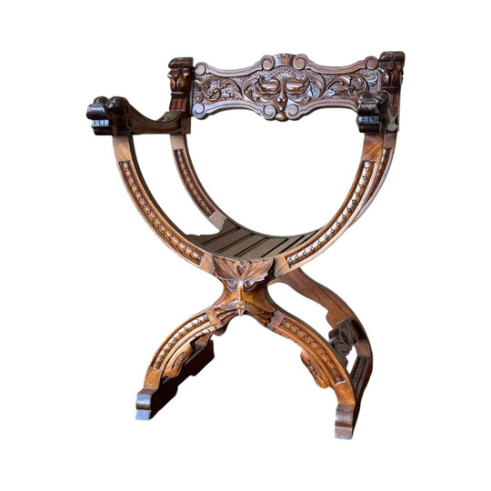 Vintage Renaissance Revival Savonarola Chair, Carved Timber with Mahogany Finish, Green Man Crest and Lion-Head Arms