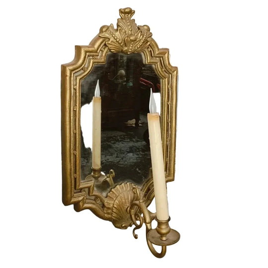 Vintage Rococo Revival Brass Wall Sconces with Mirrored Plates