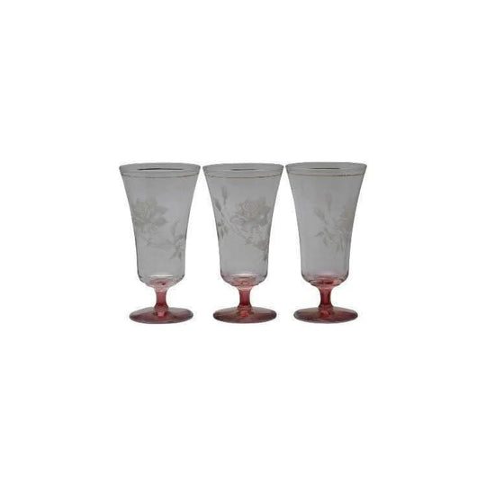 Vintage Rose Etched pink stem and footed parfait glasses. Champagne Flutes. Set of 3