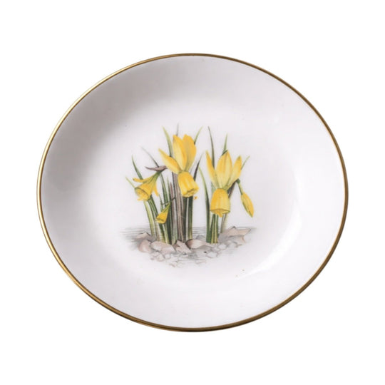 Vintage Royal Worcester Fine Bone China Round Trinket Dish, Hand-Painted Yellow Floral, Gold Rim, England, 3.75 in