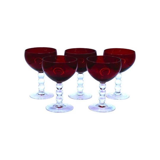 Vintage Ruby Red cocktail/liqueur glasses with bubble stem. Set of 5