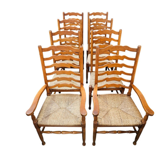 Vintage Set 8 Beech Ladderback Rush Seated Dining Chairs