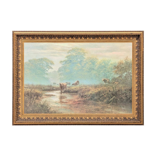 Vintage Signed English Pastoral Style Landscape Painting of Cattle, Durnall