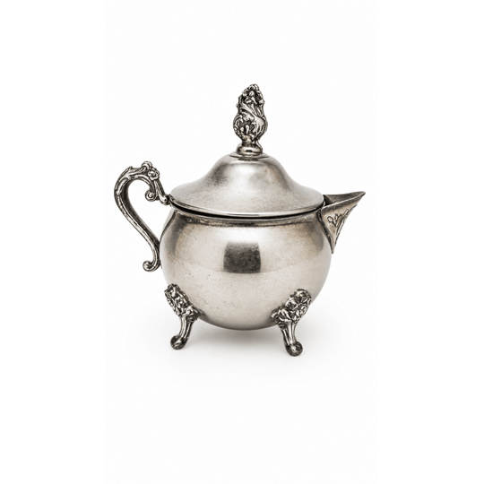 Vintage Silver-Plated Lidded Sugar Bowl, Hong Kong — Finial Lid, Floral Tripod Feet, Engraved Spout