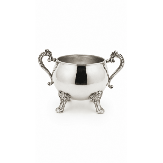 Vintage Silver-Plated Open Sugar Bowl, Trophy-Style Double Handles, Ornate Floral Feet, Ranleigh Quality Silver Sticker