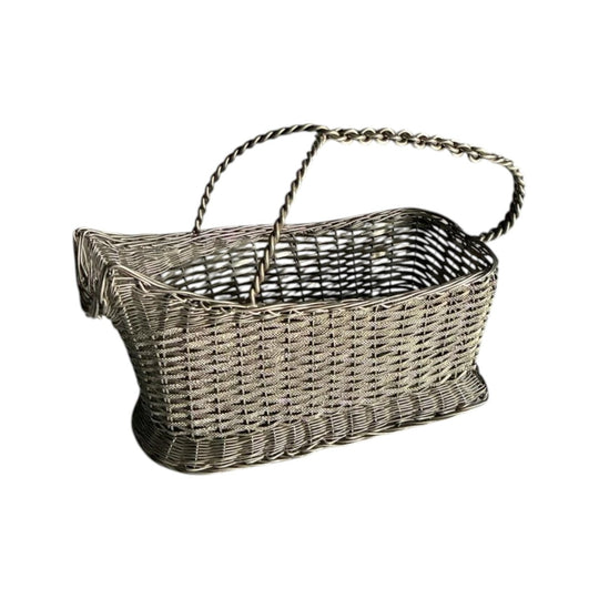 VINTAGE SILVER PLATED WOVEN WINE BASKET 1960