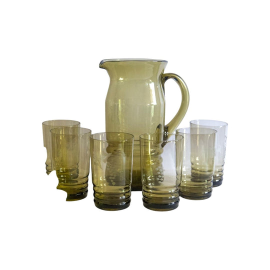 Vintage Smokey Grey Water Set with Grape Design Etching