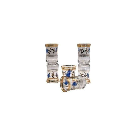 Vintage stemless shot glasses with hand painted blue flower design with leaves and gold trimmings. Sherry Glasses. Port Glasses. Set of 6