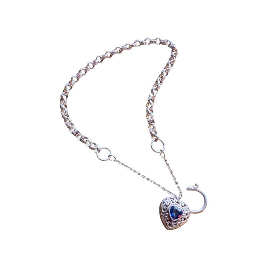 Vintage Sterling Silver Rolo-Link Heart Padlock Bracelet