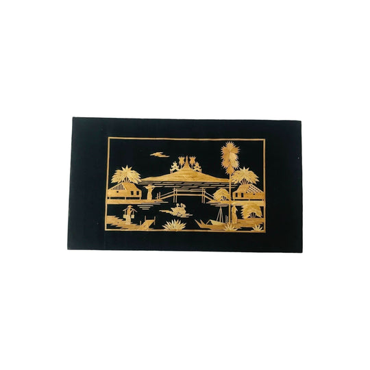 Vintage Straw or Bamboo Art on Black Silk , Asian Oriental Scene, Oriental Wall Decor, Collectibles