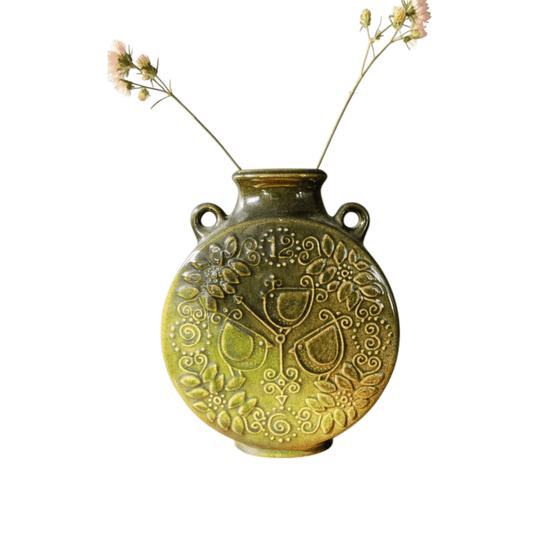 Vintage Swedish Relief Stoneware Disc Vase | Olive Green Twin-Handled Art Pottery | c.1965–1975