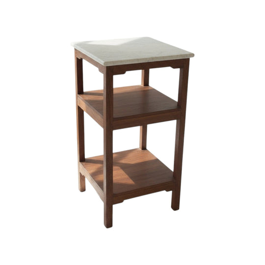 Vintage Teak Side Table with Marble Top - Three-Tier Indian Furniture