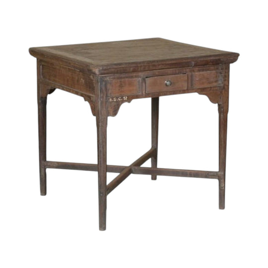 Vintage Teak Single Drawer Square Table - 80+ Year Old Indian Antique