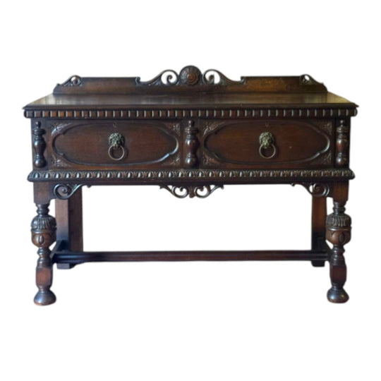 Vintage Tudor Revival Console Table with 2 Drawers
