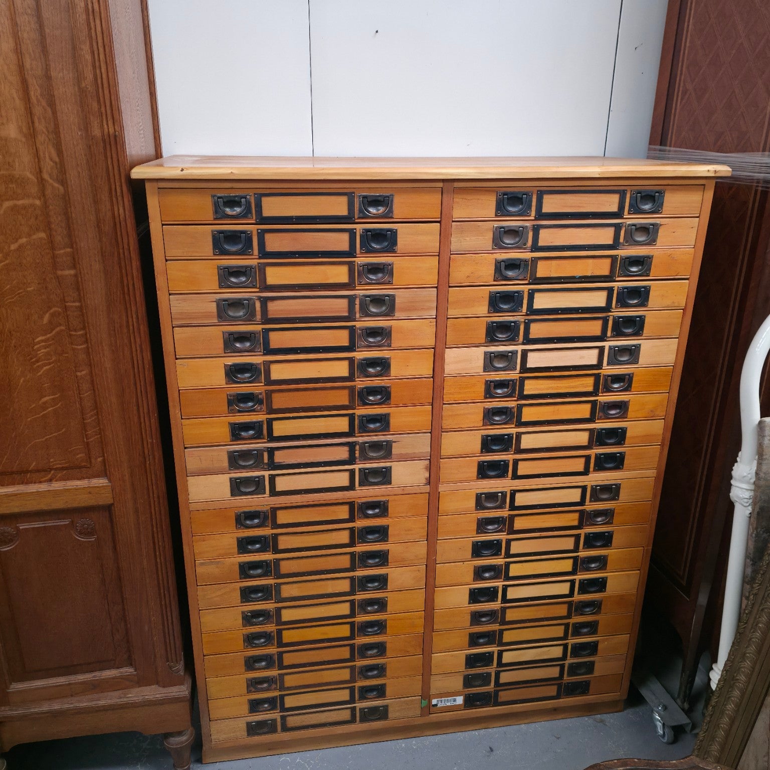 Vintage 40-drawer glazed specimen collector’s cabinet in warm-toned timber